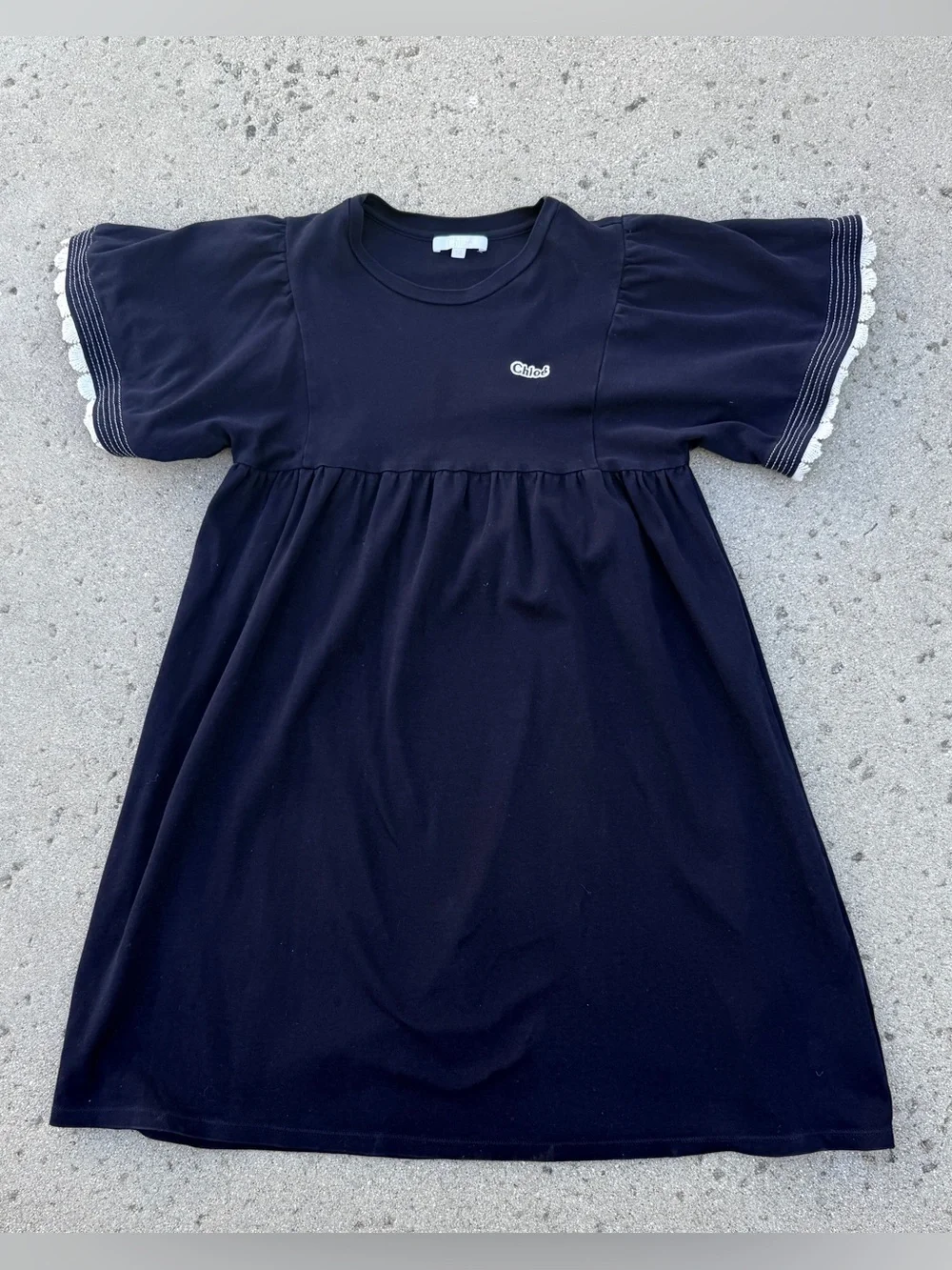 Chloe Girls' Navy Short Sleeve Dress with Trim - 14 Cotton